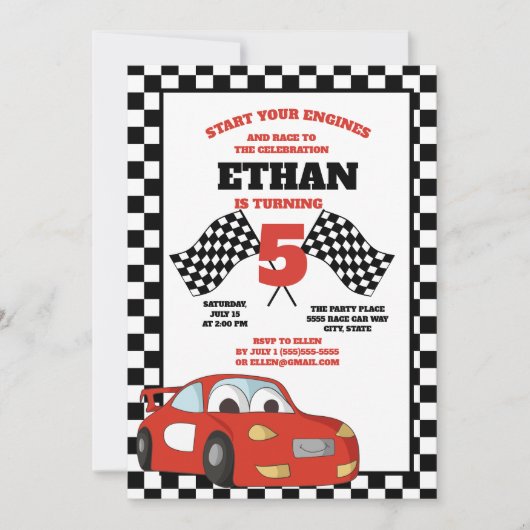 Black White Checkered Red Race Car Birthday Party Kaart (Voorkant)