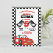 Black White Checkered Red Race Car Birthday Party Kaart (Staand voorkant)