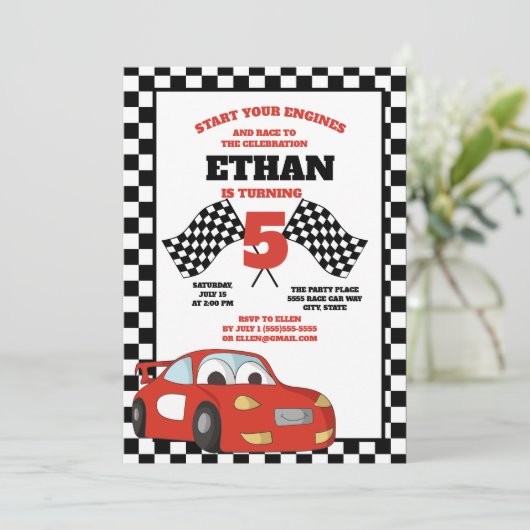 Black White Checkered Red Race Car Birthday Party Kaart (Staand voorkant)