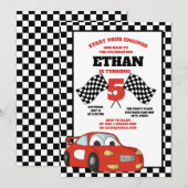 Black White Checkered Red Race Car Birthday Party Kaart (Voorkant / Achterkant)