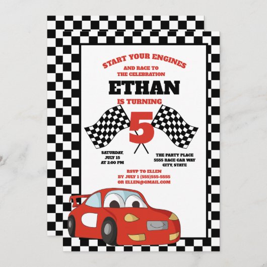 Black White Checkered Red Race Car Birthday Party Kaart (Voorkant / Achterkant)