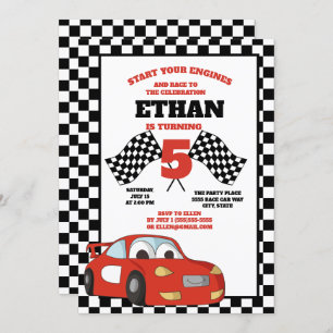Black White Checkered Red Race Car Birthday Party Kaart