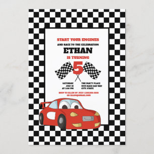 Black White Checkered Red Race Car Birthday Party Kaart
