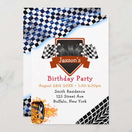 Black White Checkering Racing Flag Birthday Party Kaart (Voorkant / Achterkant)