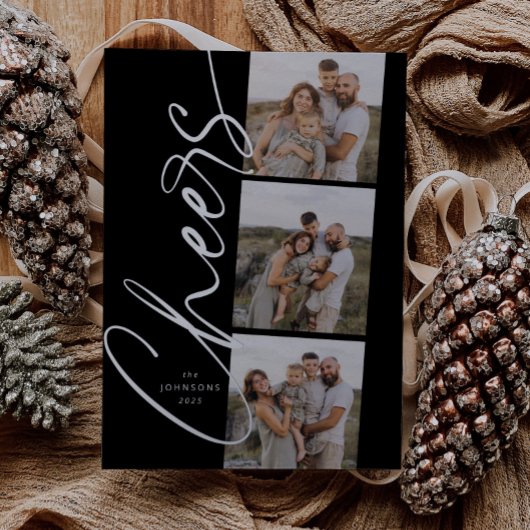 Black & White Cheers Elegant Kerstscript Folie Feestdagenkaart