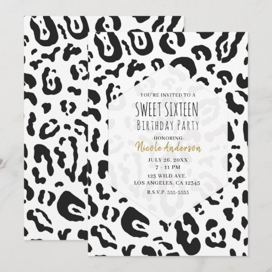 Black & White Cheetah Leopard Sweet 16 Party Kaart (Voorkant / Achterkant)