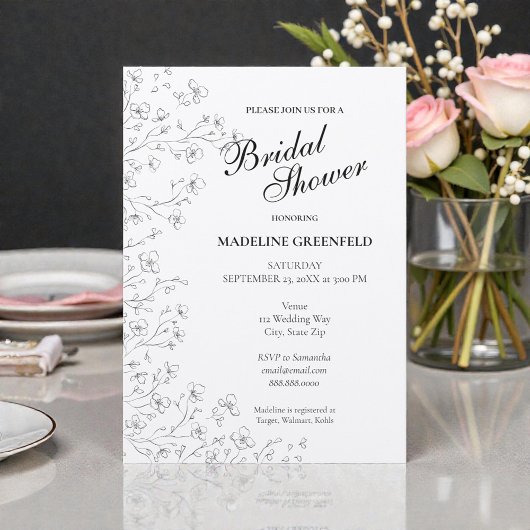 Black & White Cherry Blossoms Floral Bridal Shower Kaart