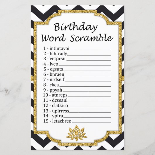 Black White Chevron Birthday Word Scramble Game (Voorkant)