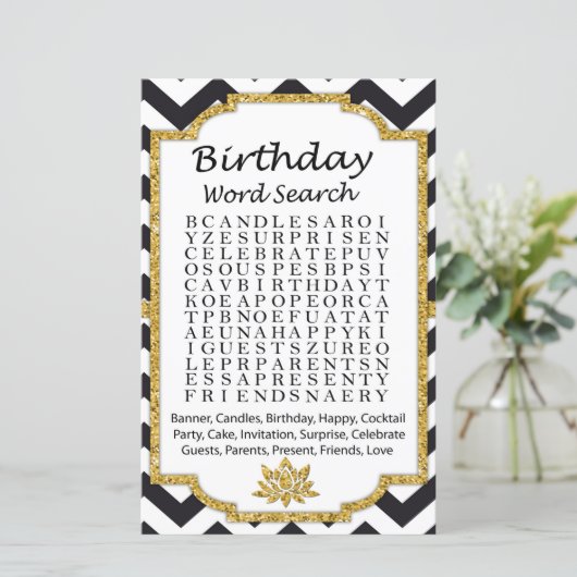 Black White Chevron Birthday word search game (Staand voorkant)