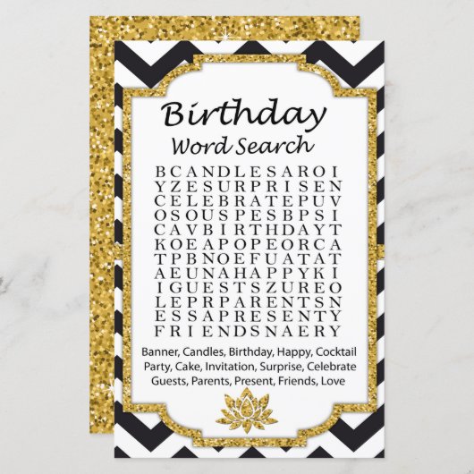 Black White Chevron Birthday word search game (Voorkant / Achterkant)