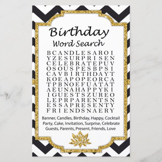 Black White Chevron Birthday word search game (Voorkant)
