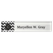 Black White Chevron Black Quatrefoil Monogram Naambordje (Voorkant)
