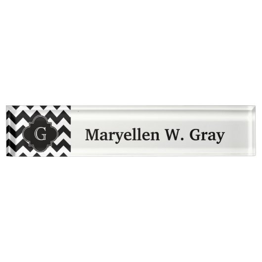 Black White Chevron Black Quatrefoil Monogram Naambordje (Voorkant)