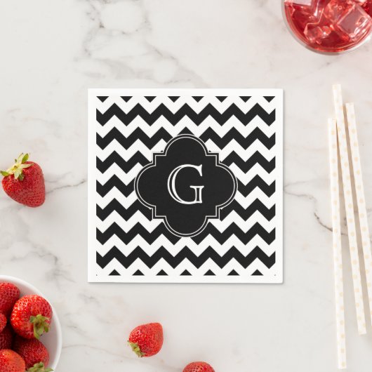 Black White Chevron Black Quatrefoil Monogram Servet (Insitu)