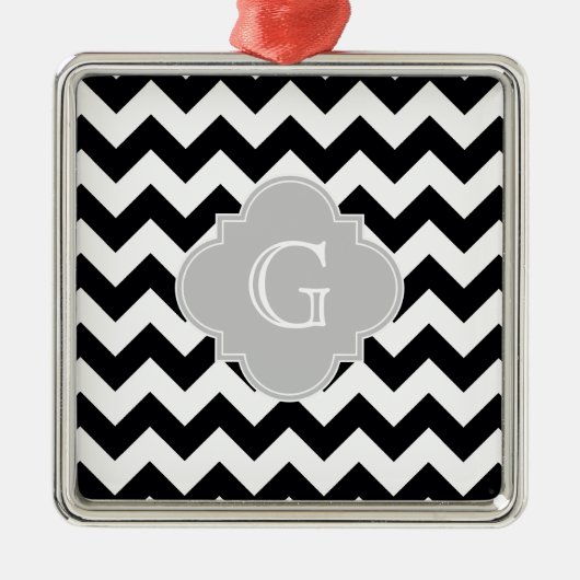 Black White Chevron Gray Quatrefoil Monogram Metalen Ornament (Voorkant)