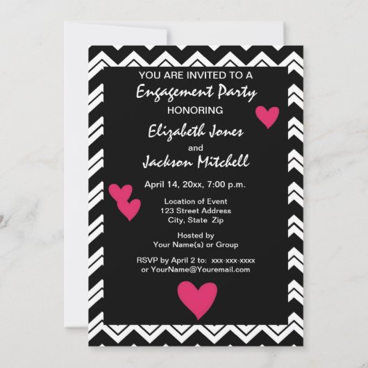 Black White Chevron Heart Engagement Party Uitnodi Kaart (Achterkant)