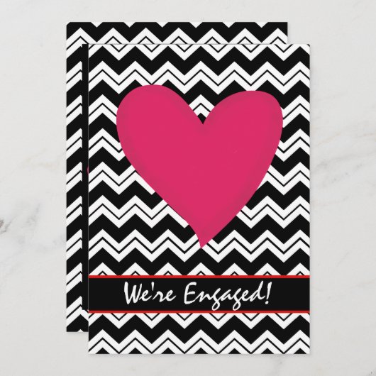 Black White Chevron Heart Engagement Party Uitnodi Kaart (Voorkant / Achterkant)