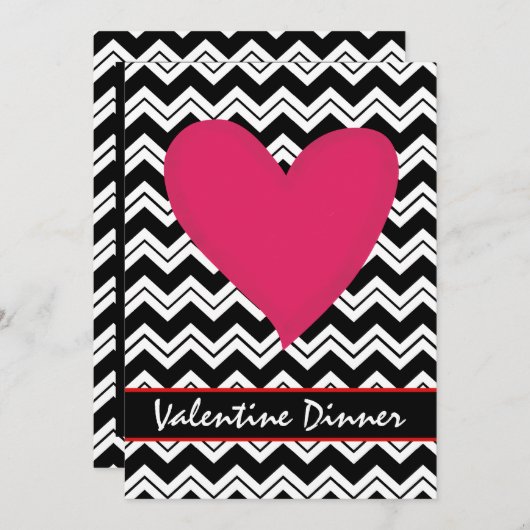 Black White Chevron Heart Valentijn Invitation Kaart (Voorkant / Achterkant)