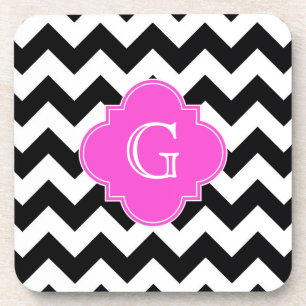 Black White Chevron Hot Pink Quatrefoil Monogram Onderzetter
