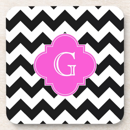 Black White Chevron Hot Pink Quatrefoil Monogram Onderzetter (Voorkant)