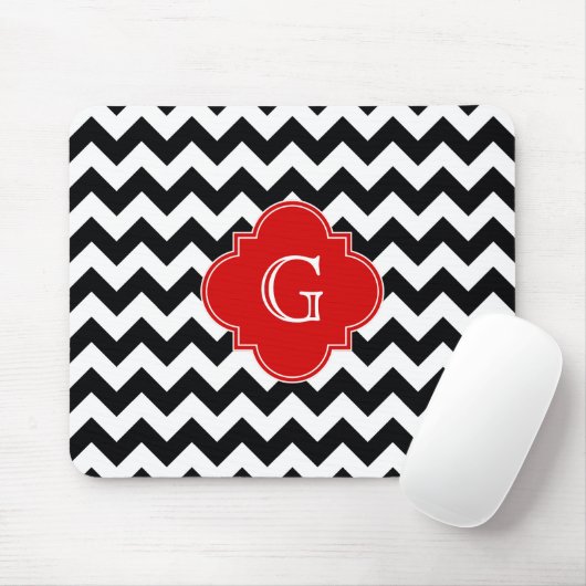 Black White Chevron Red Quatrefoil Monogram Muismat (Met muis)