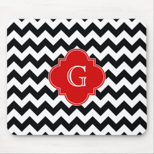 Black White Chevron Red Quatrefoil Monogram Muismat