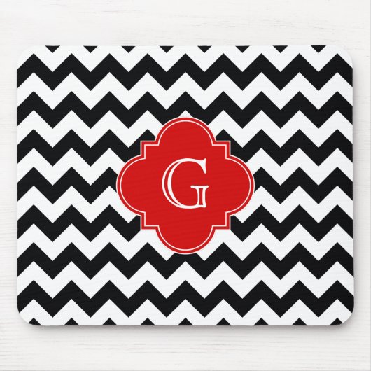 Black White Chevron Red Quatrefoil Monogram Muismat (Voorkant)