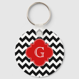 Black White Chevron Red Quatrefoil Monogram Sleutelhanger