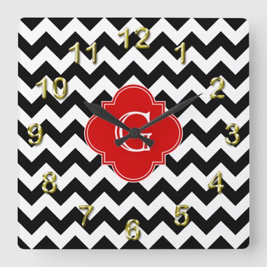 Black White Chevron Red Quatrefoil Monogram Vierkante Klok (Voorkant)