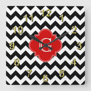 Black White Chevron Red Quatrefoil Monogram Vierkante Klok