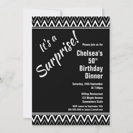 Black White Chevron Surprise 50th Birthday Dinner Kaart (Voorkant)