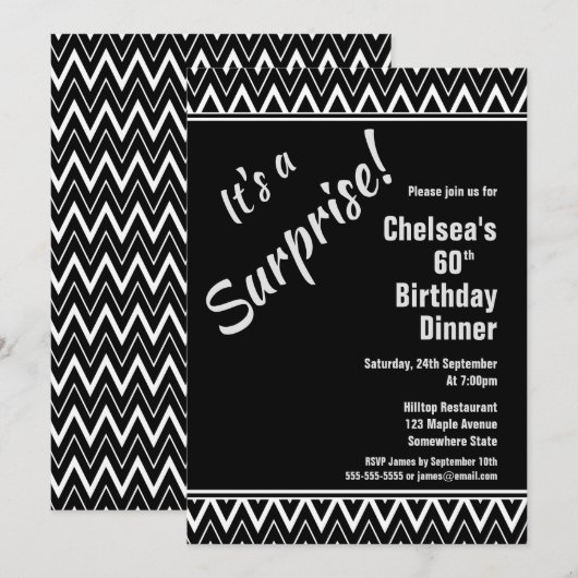 Black White Chevron Surprise 60th Birthday Dinner Kaart (Voorkant / Achterkant)