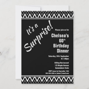 Black White Chevron Surprise 60th Birthday Dinner Kaart