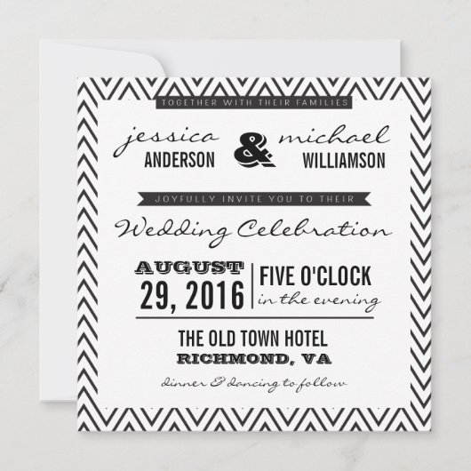 Black & White Chevron Typography Wedding Invite Kaart (Voorkant)