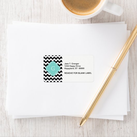 Black White Chevron Zig-Zag Turquoise Monogram Etiket (Insitu)