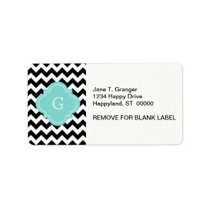 Black White Chevron Zig-Zag Turquoise Monogram Etiket