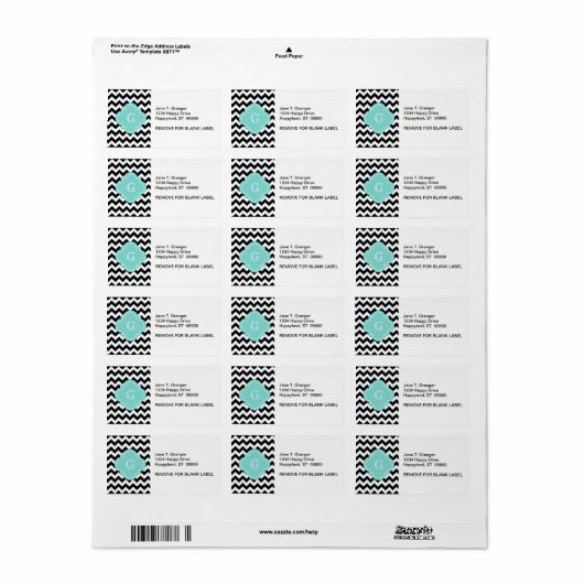 Black White Chevron Zig-Zag Turquoise Monogram Etiket (Full Sheet)