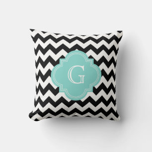 Black White Chevron Zig-Zag Turquoise Monogram Kussen