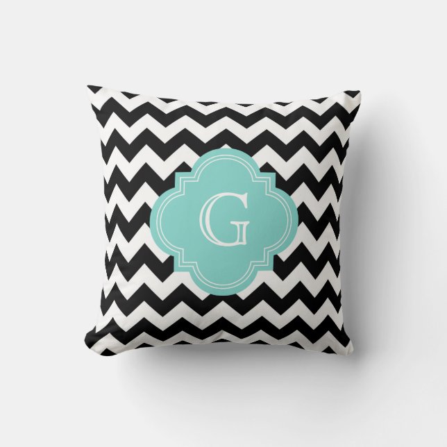 Black White Chevron Zig-Zag Turquoise Monogram Kussen (Voorkant)