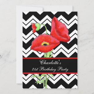 Black White Chevron ZizZag Red Poppy 21st Birthday Kaart