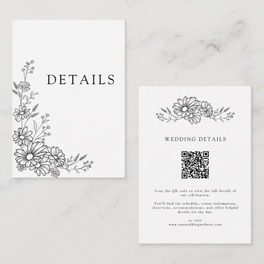 Black White Chic Botanical QR Code Wedding Details Informatiekaartje (Voorkant / Achterkant)