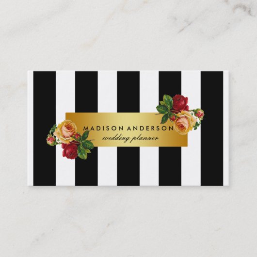 Black White Chic Stripes Gold  Floral Visitekaartje (Voorkant)