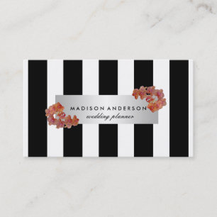 Black White Chic Stripes Silver  Floral Visitekaartje