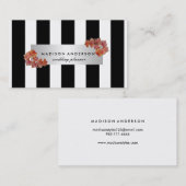 Black White Chic Stripes Silver  Floral Visitekaartje (Voorkant / Achterkant)