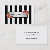 Black White Chic Stripes Silver  Floral Visitekaartje (Voorkant / Achterkant)