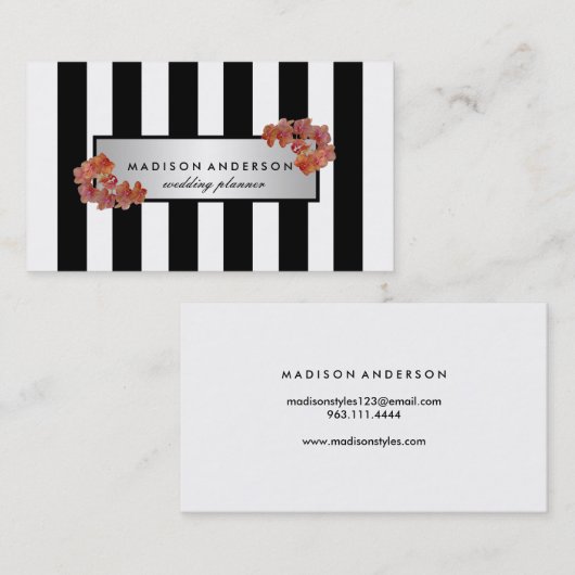 Black White Chic Stripes Silver  Floral Visitekaartje (Voorkant / Achterkant)
