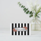 Black White Chic Stripes Silver  Floral Visitekaartje (Staand voorkant)