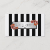 Black White Chic Stripes Silver  Floral Visitekaartje (Voorkant)