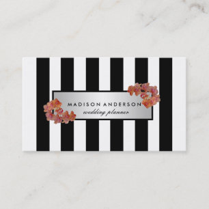 Black White Chic Stripes Silver  Floral Visitekaartje