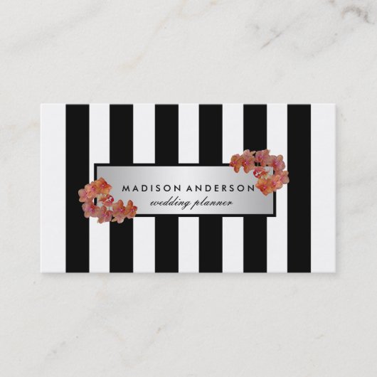 Black White Chic Stripes Silver  Floral Visitekaartje (Voorkant)